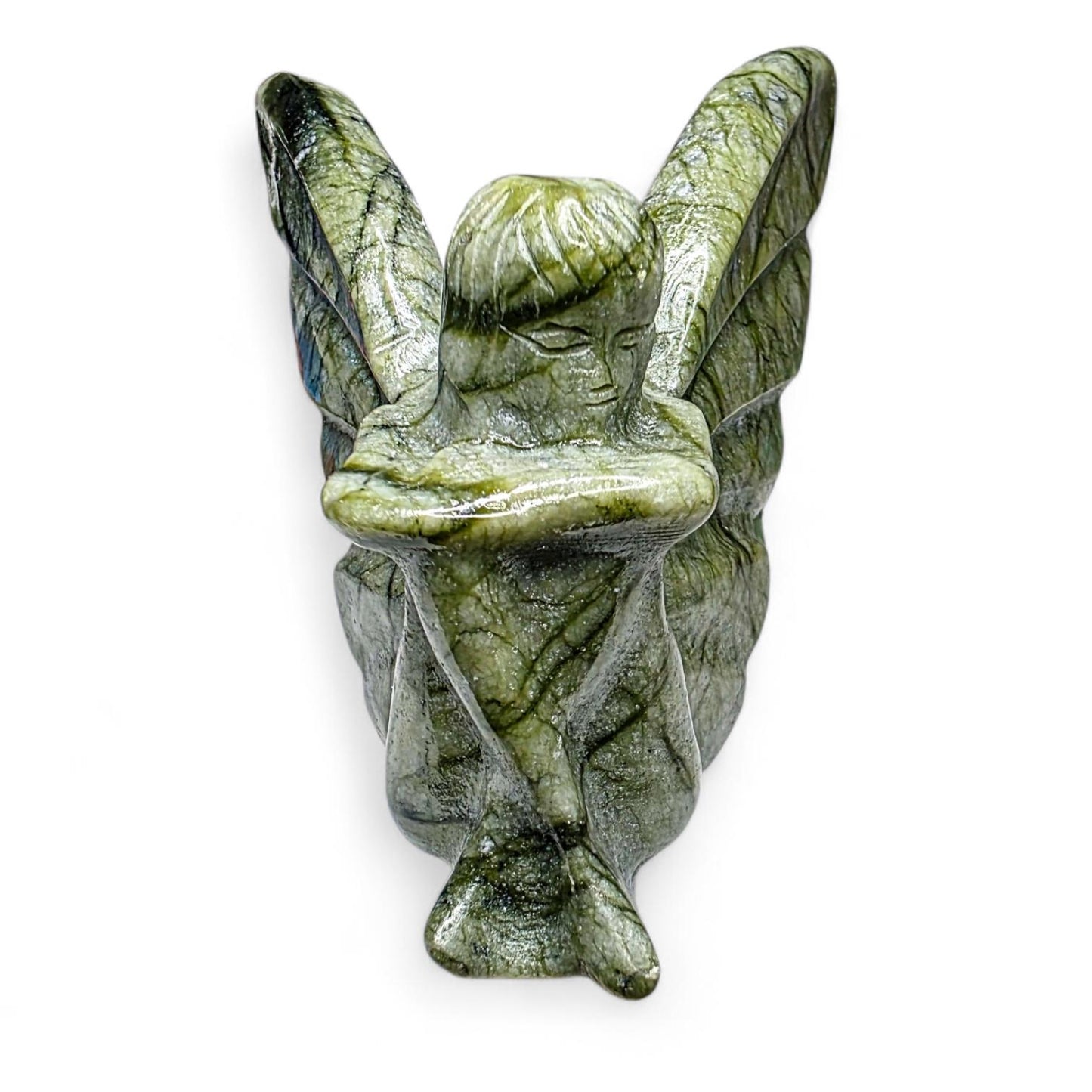 Large Serpentine Fairy Carving | Green Jade Crystal Figure | 3.75" Healing Gemstone Decor
