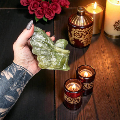 Large Serpentine Fairy Carving | Green Jade Crystal Figure | 3.75" Healing Gemstone Decor