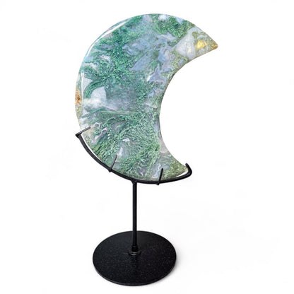 Large Moss Agate Crystal Moon with Custom Stand | 8" Translucent Crescent Carving | High-Quality Metaphysical Decor