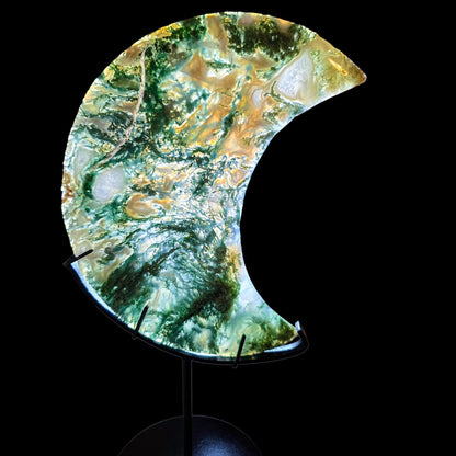 Large Moss Agate Crystal Moon with Custom Stand | 8" Translucent Crescent Carving | High-Quality Metaphysical Decor