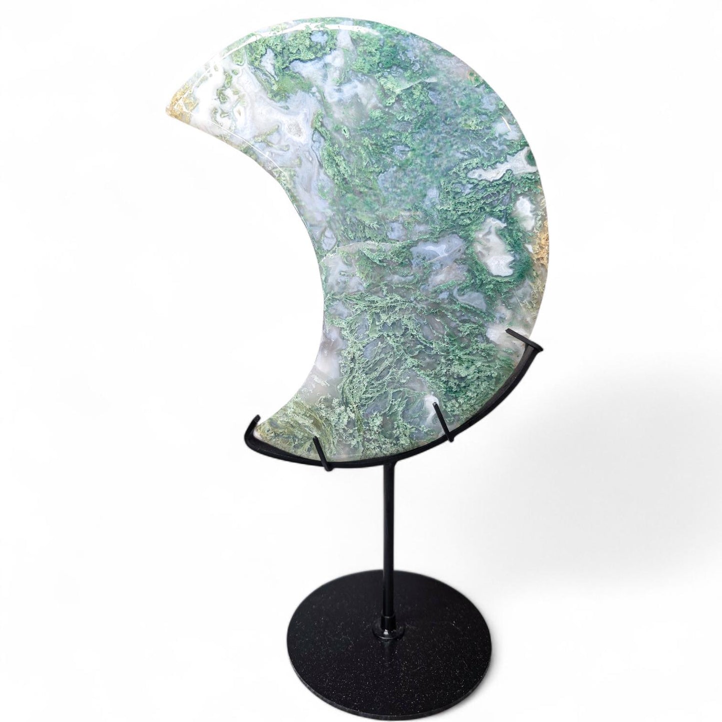 Large Moss Agate Crystal Moon with Custom Stand | 8" Translucent Crescent Carving | High-Quality Metaphysical Decor