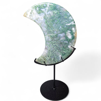 Large Moss Agate Crystal Moon with Custom Stand | 8" Translucent Crescent Carving | High-Quality Metaphysical Decor