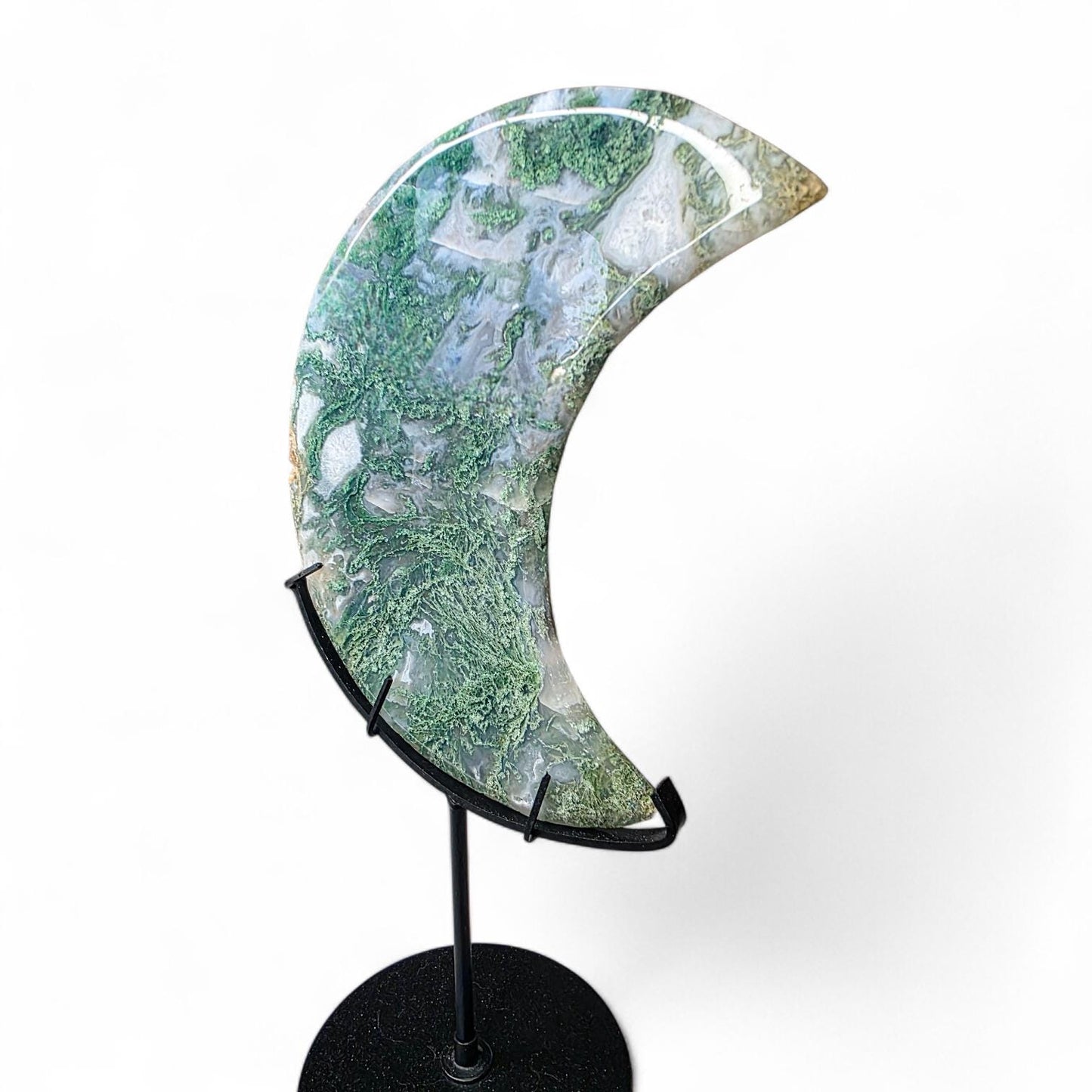 Large Moss Agate Crystal Moon with Custom Stand | 8" Translucent Crescent Carving | High-Quality Metaphysical Decor