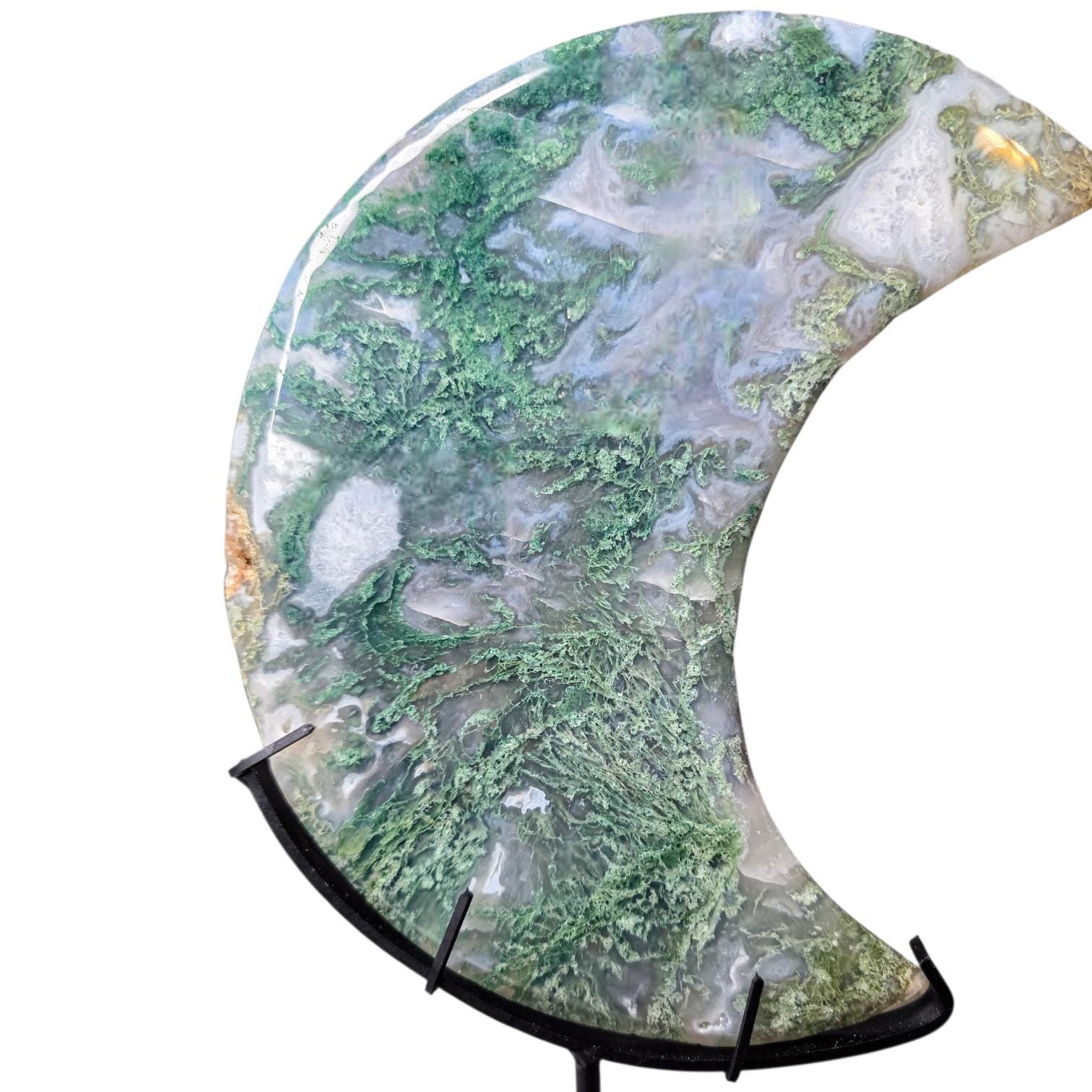 Large Moss Agate Crystal Moon with Custom Stand | 8" Translucent Crescent Carving | High-Quality Metaphysical Decor