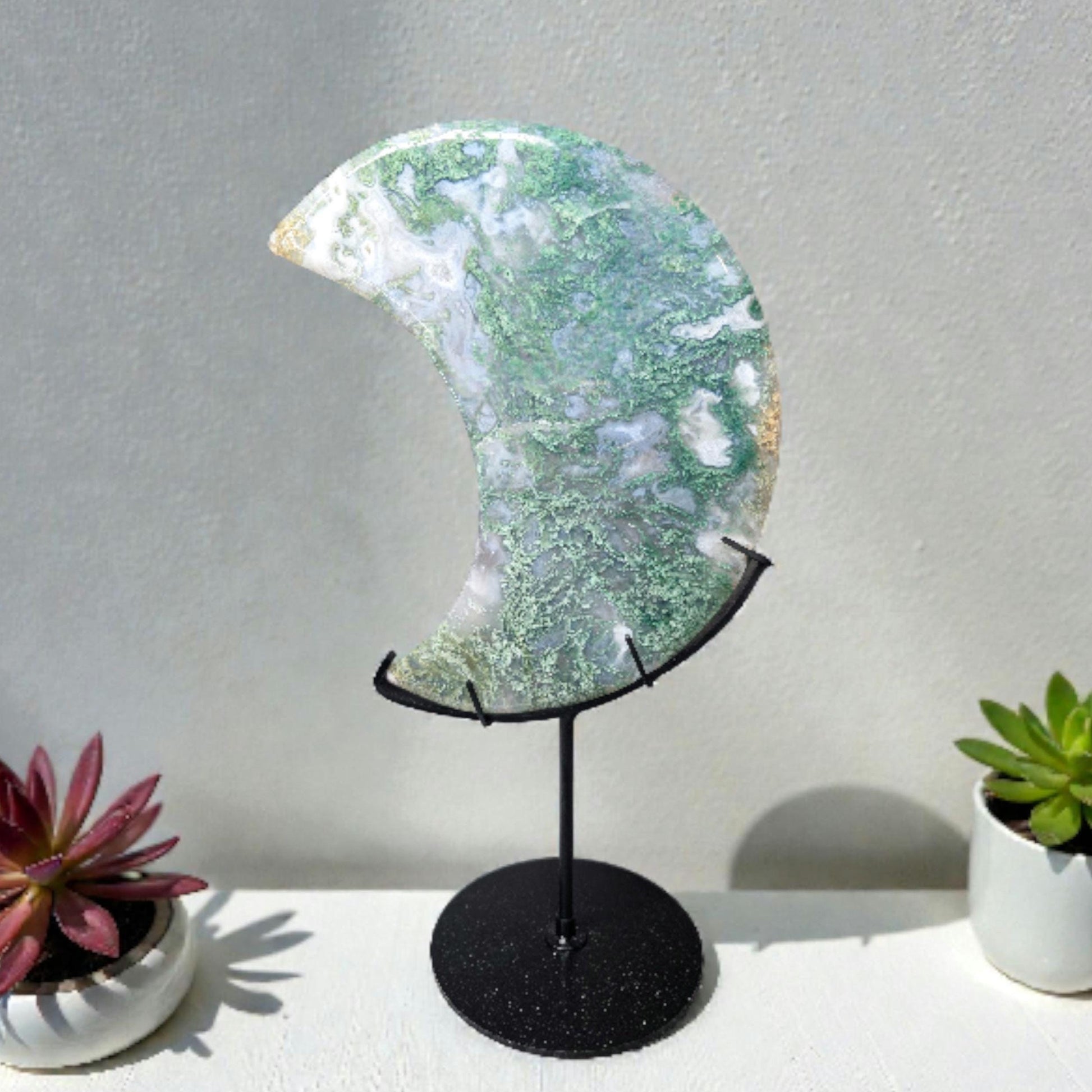 Large Moss Agate Crystal Moon with Custom Stand | 8" Translucent Crescent Carving | High-Quality Metaphysical Decor