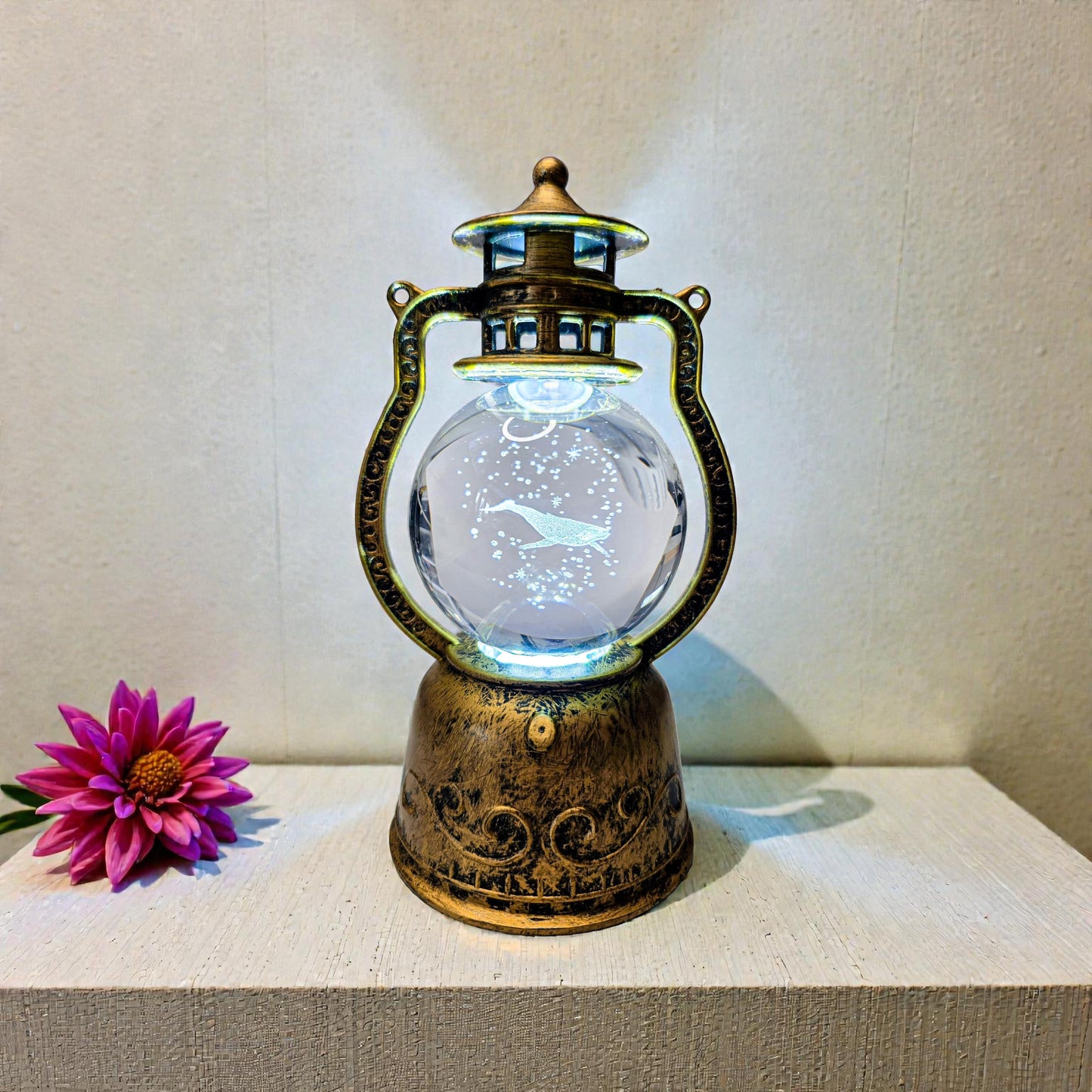 Rotating Whale Crystal Ball in Vintage Bronze Lantern | Lighted Spinning Sphere Holder | Nautical USB Night Light | 3D Whale Glass Sphere