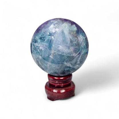 Big Rainbow Fluorite Sphere | 96mm Crystal Ball | 3.4 lbs | Wooden Spinner Stand Included | Unique Crystal Specimens for Collectors