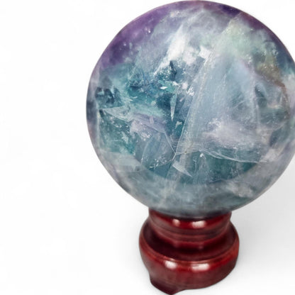 Big Rainbow Fluorite Sphere | 96mm Crystal Ball | 3.4 lbs | Wooden Spinner Stand Included | Unique Crystal Specimens for Collectors