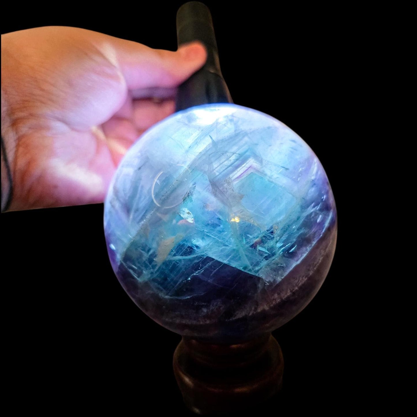 Big Rainbow Fluorite Sphere | 96mm Crystal Ball | 3.4 lbs | Wooden Spinner Stand Included | Unique Crystal Specimens for Collectors