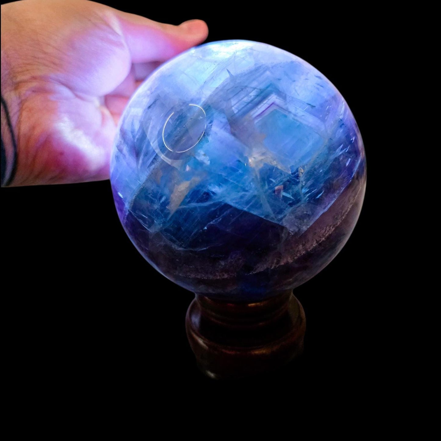 Big Rainbow Fluorite Sphere | 96mm Crystal Ball | 3.4 lbs | Wooden Spinner Stand Included | Unique Crystal Specimens for Collectors