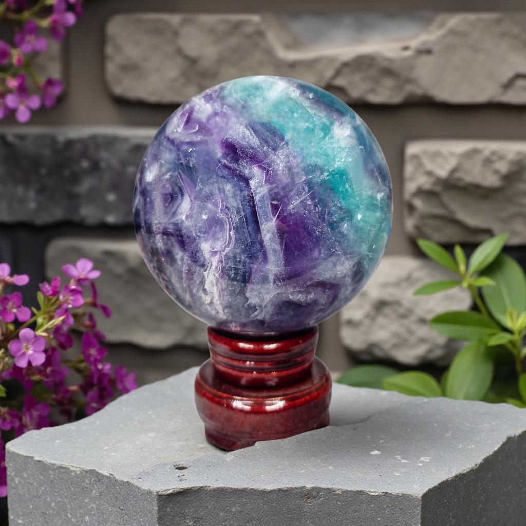 Big Rainbow Fluorite Sphere | 96mm Crystal Ball | 3.4 lbs | Wooden Spinner Stand Included | Unique Crystal Specimens for Collectors