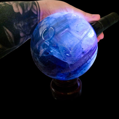Big Rainbow Fluorite Sphere | 96mm Crystal Ball | 3.4 lbs | Wooden Spinner Stand Included | Unique Crystal Specimens for Collectors
