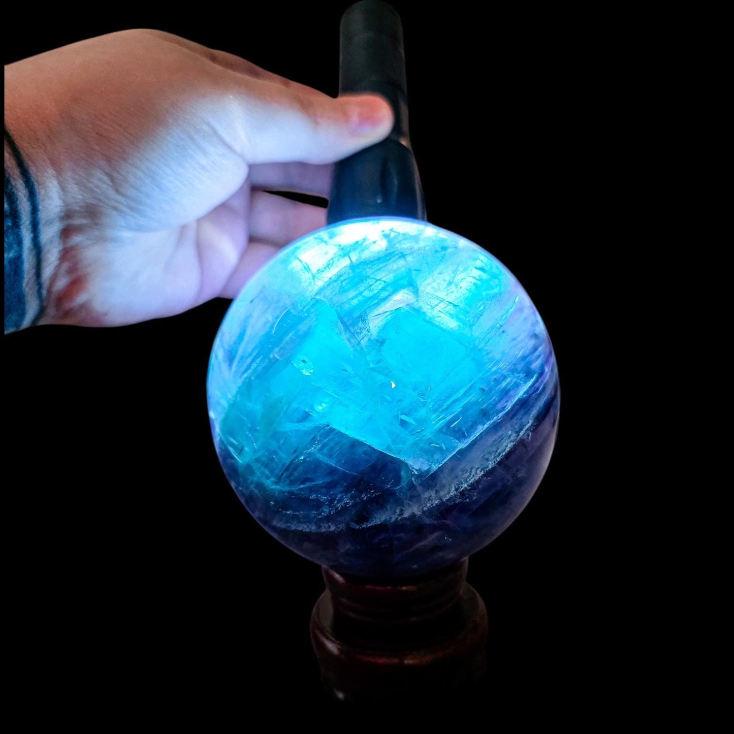 Big Rainbow Fluorite Sphere | 96mm Crystal Ball | 3.4 lbs | Wooden Spinner Stand Included | Unique Crystal Specimens for Collectors