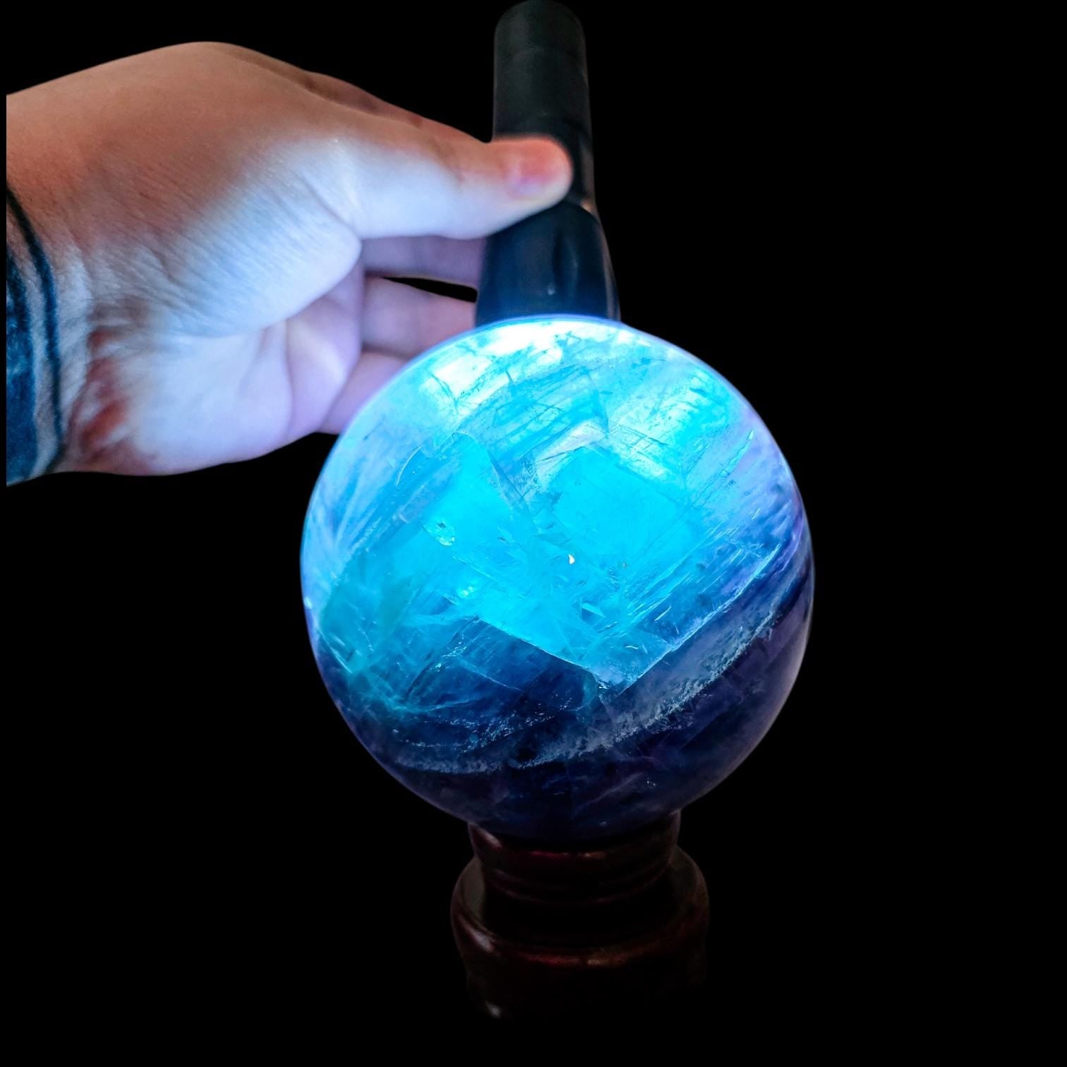 Big Rainbow Fluorite Sphere | 96mm Crystal Ball | 3.4 lbs | Wooden Spinner Stand Included | Unique Crystal Specimens for Collectors