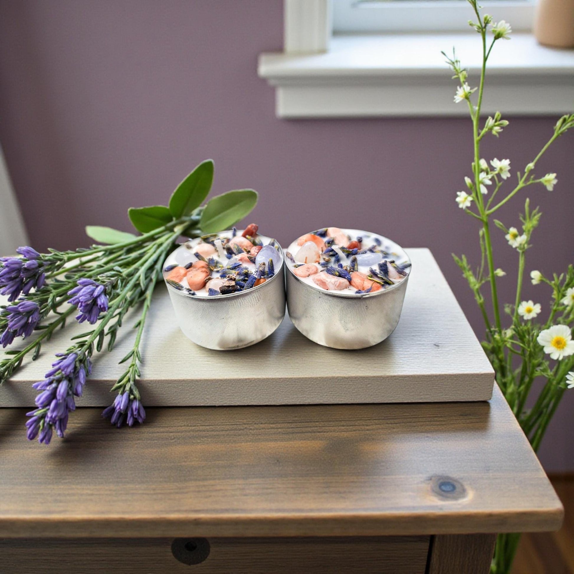 Waning Moon Ritual Candle 2 Pack | Lavender & Lotus Essential Oil | Pink Cotton Agate, Chalcedony | Witchcraft Altar Supplies | 8 Hour Burn