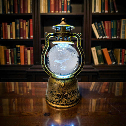 Rotating Whale Crystal Ball in Vintage Bronze Lantern | Lighted Spinning Sphere Holder | Nautical USB Night Light | 3D Whale Glass Sphere