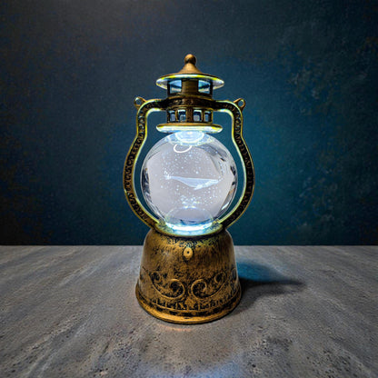 Rotating Whale Crystal Ball in Vintage Bronze Lantern | Lighted Spinning Sphere Holder | Nautical USB Night Light | 3D Whale Glass Sphere