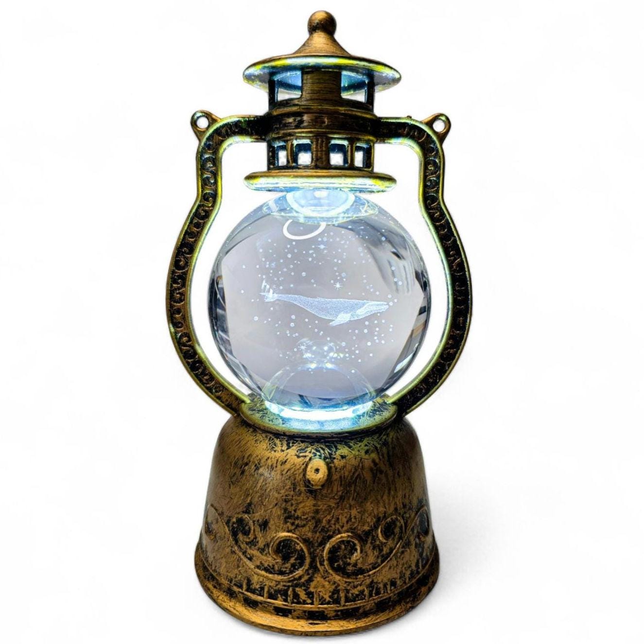 Rotating Whale Crystal Ball in Vintage Bronze Lantern | Lighted Spinning Sphere Holder | Nautical USB Night Light | 3D Whale Glass Sphere