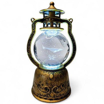 Rotating Whale Crystal Ball in Vintage Bronze Lantern | Lighted Spinning Sphere Holder | Nautical USB Night Light | 3D Whale Glass Sphere