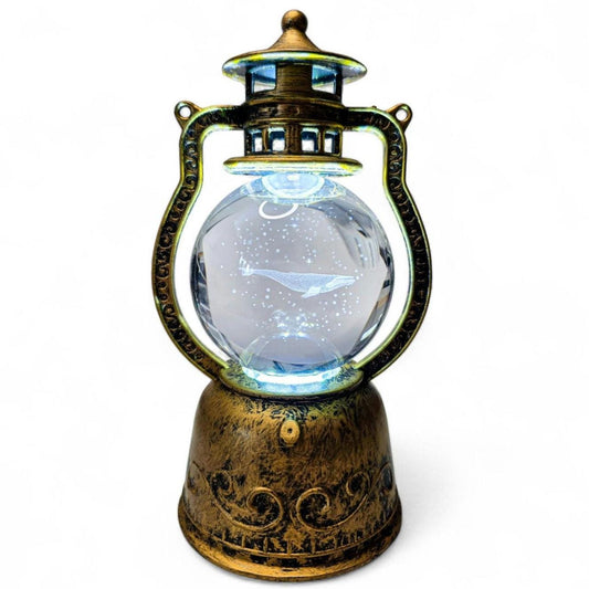 Rotating Whale Crystal Ball in Vintage Bronze Lantern | Lighted Spinning Sphere Holder | Nautical USB Night Light | 3D Whale Glass Sphere