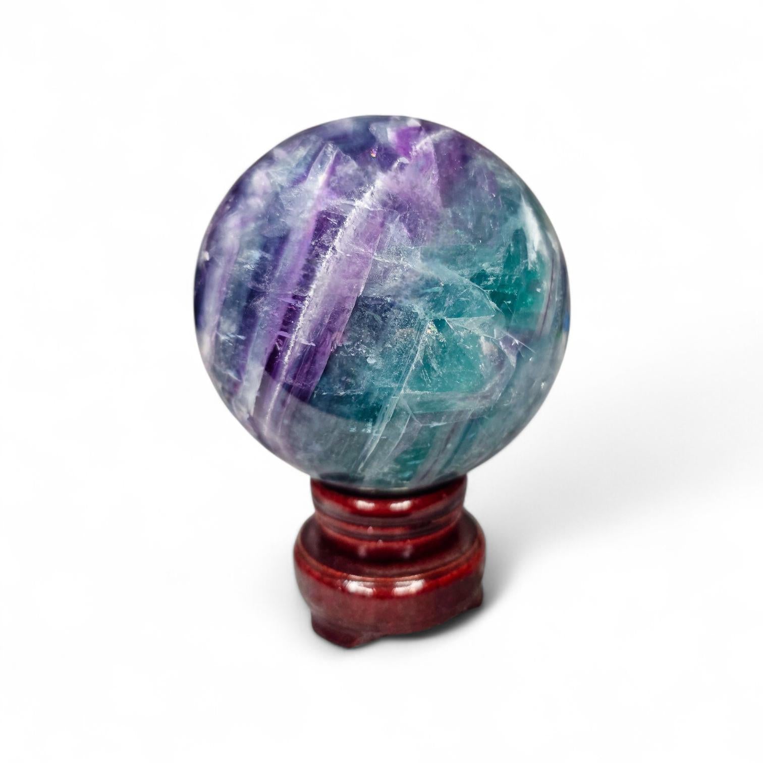 Big Rainbow Fluorite Sphere | 96mm Crystal Ball | 3.4 lbs | Wooden Spinner Stand Included | Unique Crystal Specimens for Collectors