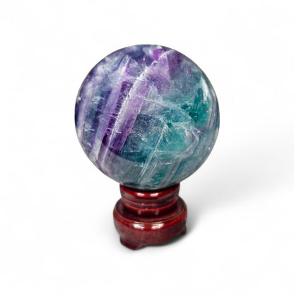 Big Rainbow Fluorite Sphere | 96mm Crystal Ball | 3.4 lbs | Wooden Spinner Stand Included | Unique Crystal Specimens for Collectors