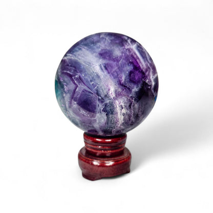 Big Rainbow Fluorite Sphere | 96mm Crystal Ball | 3.4 lbs | Wooden Spinner Stand Included | Unique Crystal Specimens for Collectors