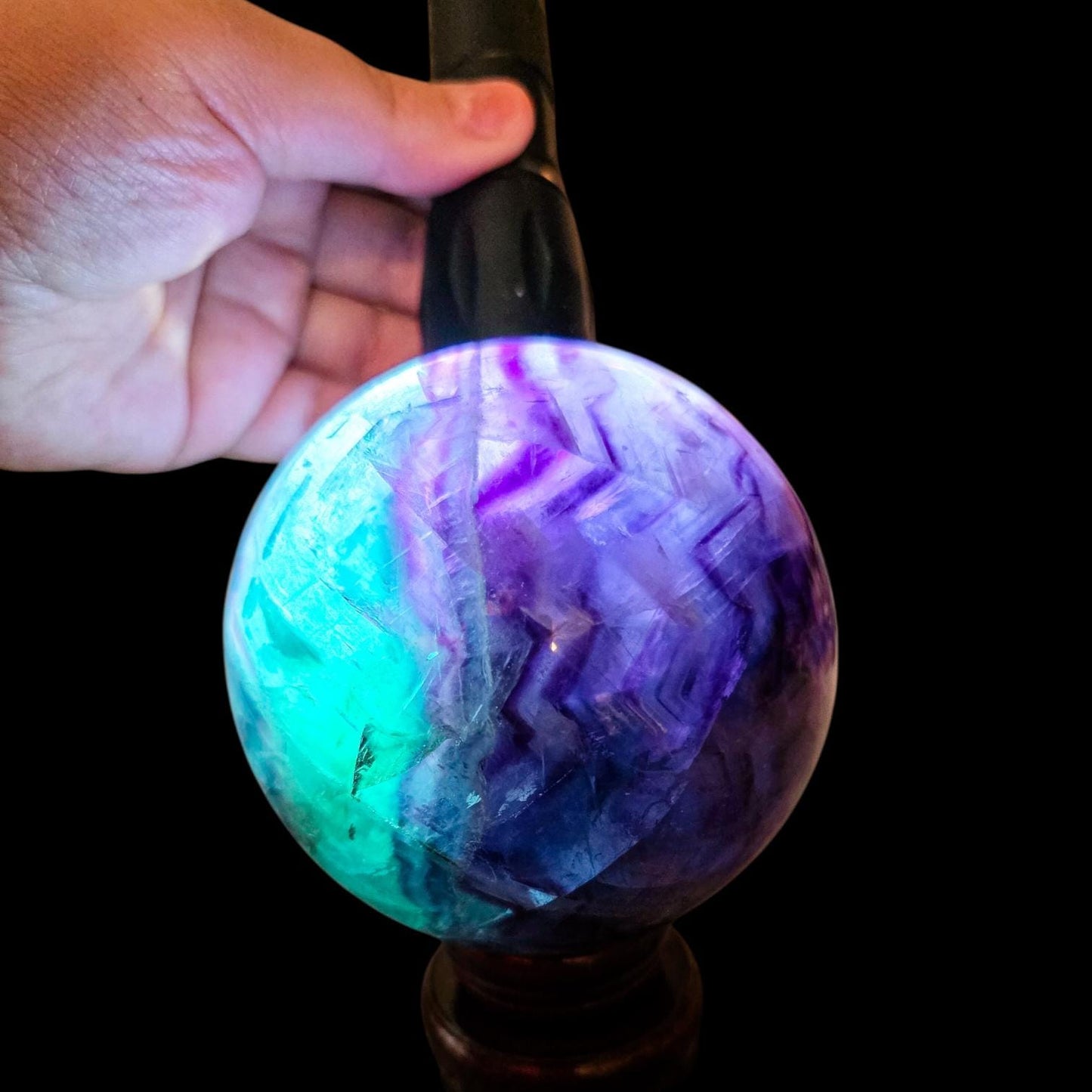 Big Rainbow Fluorite Sphere | 96mm Crystal Ball | 3.4 lbs | Wooden Spinner Stand Included | Unique Crystal Specimens for Collectors