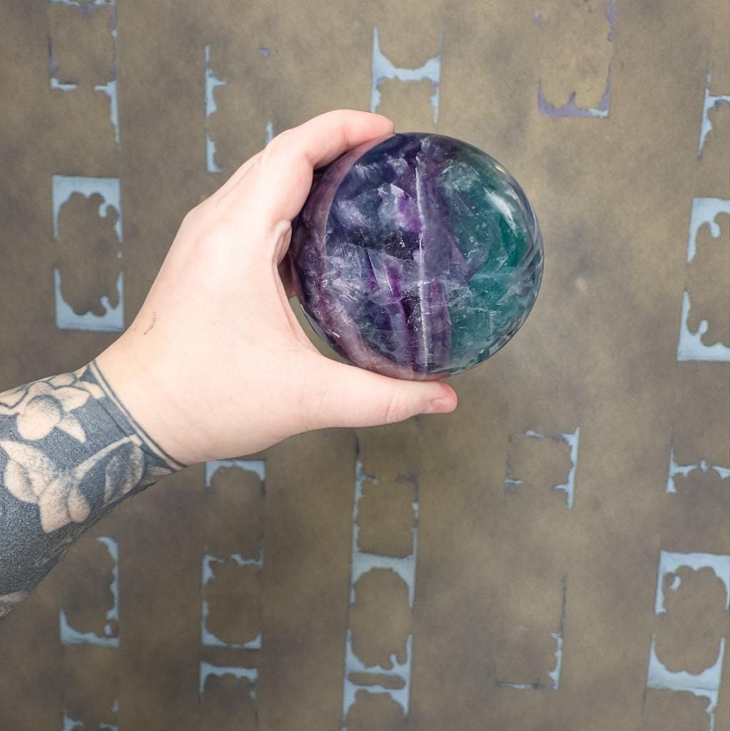 Big Rainbow Fluorite Sphere | 96mm Crystal Ball | 3.4 lbs | Wooden Spinner Stand Included | Unique Crystal Specimens for Collectors