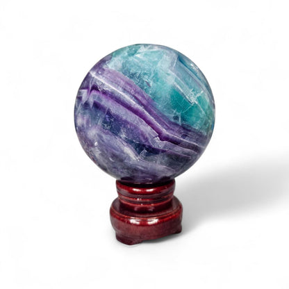 Big Rainbow Fluorite Sphere | 96mm Crystal Ball | 3.4 lbs | Wooden Spinner Stand Included | Unique Crystal Specimens for Collectors
