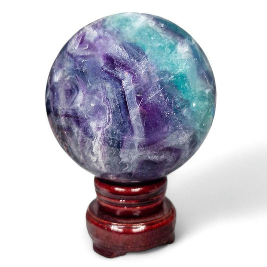 Big Rainbow Fluorite Sphere | 96mm Crystal Ball | 3.4 lbs | Wooden Spinner Stand Included | Unique Crystal Specimens for Collectors