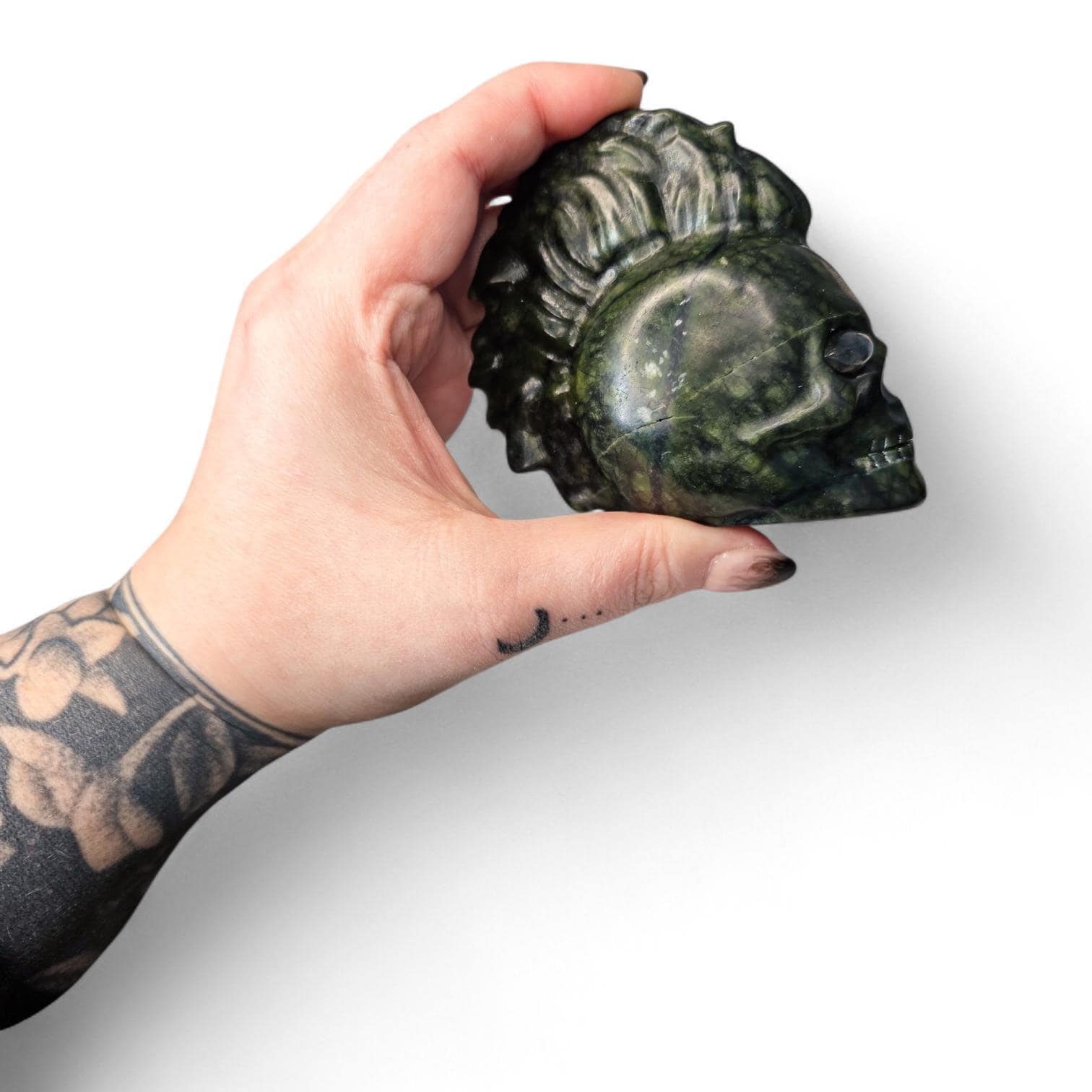 Large Serpentine Mohawk Skull with Labradorite Eyes | 3.5" Green Jade Crystal Carving | Punk Rock Gothic Decor | 14.5oz Unique Oddity