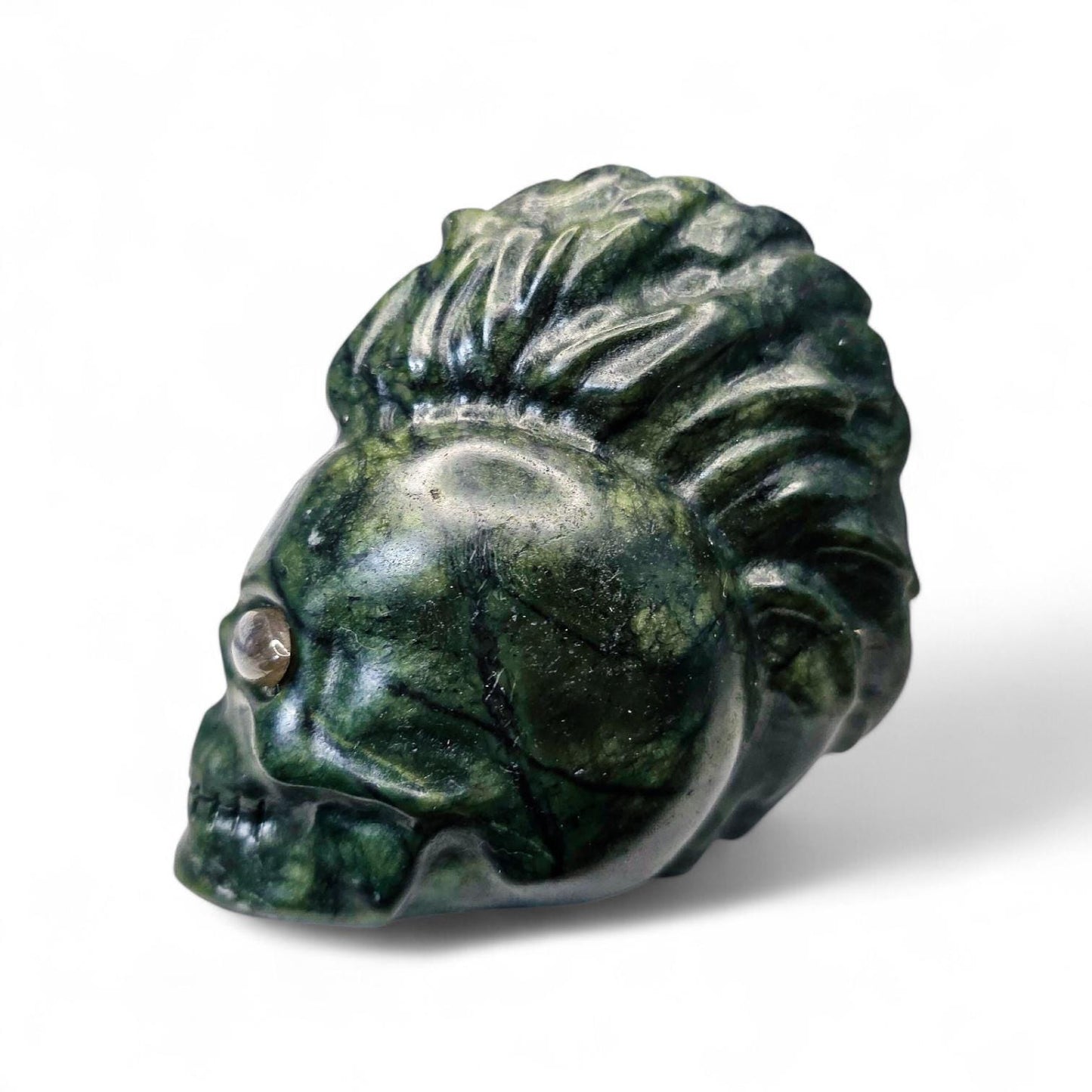 Large Serpentine Mohawk Skull with Labradorite Eyes | 3.5" Green Jade Crystal Carving | Punk Rock Gothic Decor | 14.5oz Unique Oddity