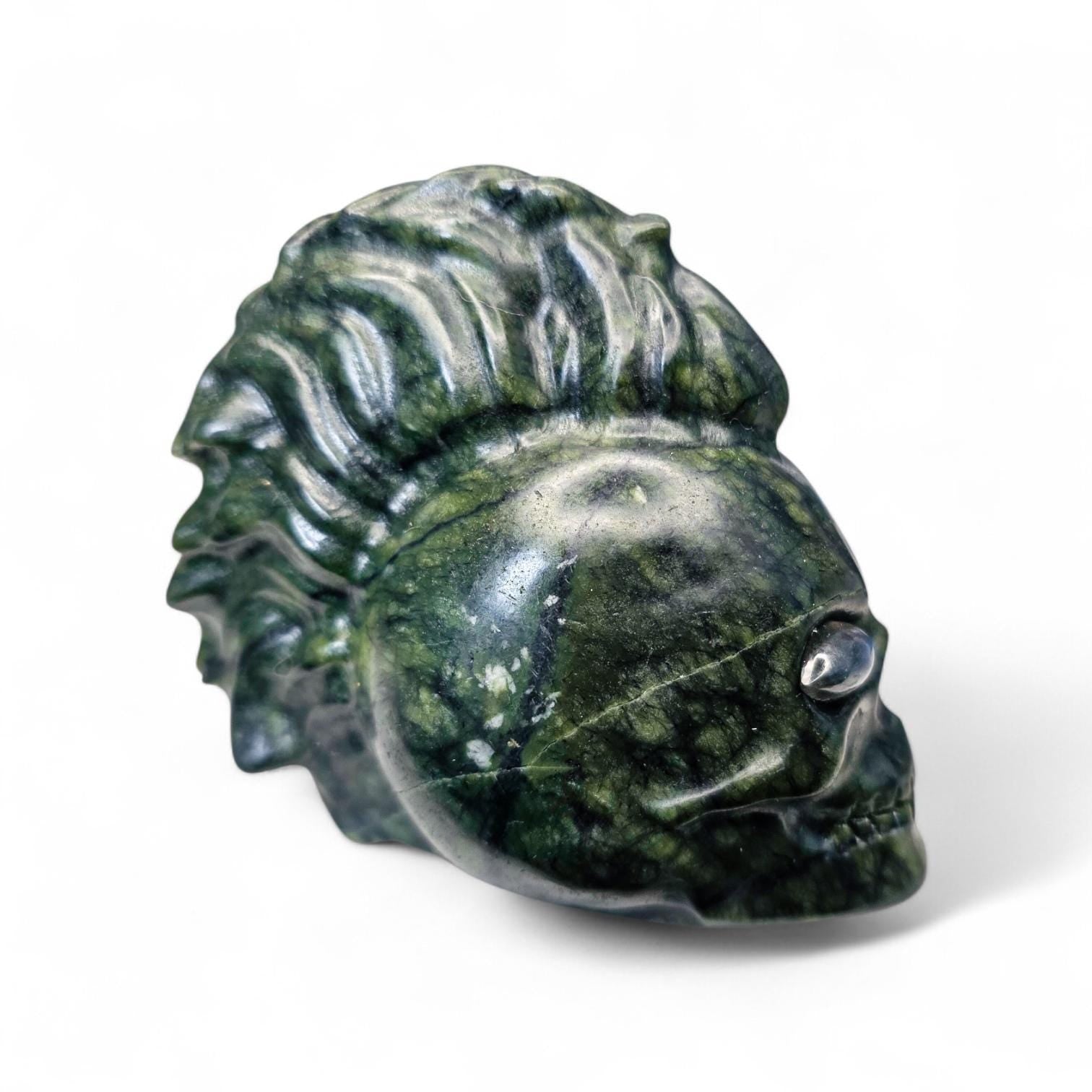 Large Serpentine Mohawk Skull with Labradorite Eyes | 3.5" Green Jade Crystal Carving | Punk Rock Gothic Decor | 14.5oz Unique Oddity