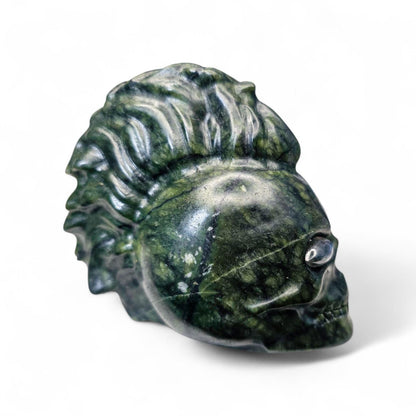 Large Serpentine Mohawk Skull with Labradorite Eyes | 3.5" Green Jade Crystal Carving | Punk Rock Gothic Decor | 14.5oz Unique Oddity