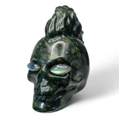 Large Serpentine Mohawk Skull with Labradorite Eyes | 3.5" Green Jade Crystal Carving | Punk Rock Gothic Decor | 14.5oz Unique Oddity