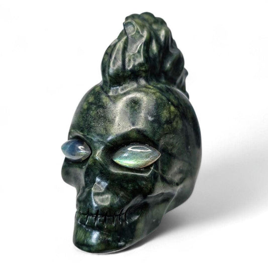 Large Serpentine Mohawk Skull with Labradorite Eyes | 3.5" Green Jade Crystal Carving | Punk Rock Gothic Decor | 14.5oz Unique Oddity