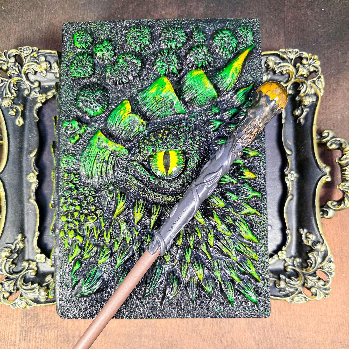 Dragon Eye Grimoire and Magic Wand Pen | Protective Dragon Scale Journal | Refillable Shadow Work Book | Medieval Style Stationery Set | 3D