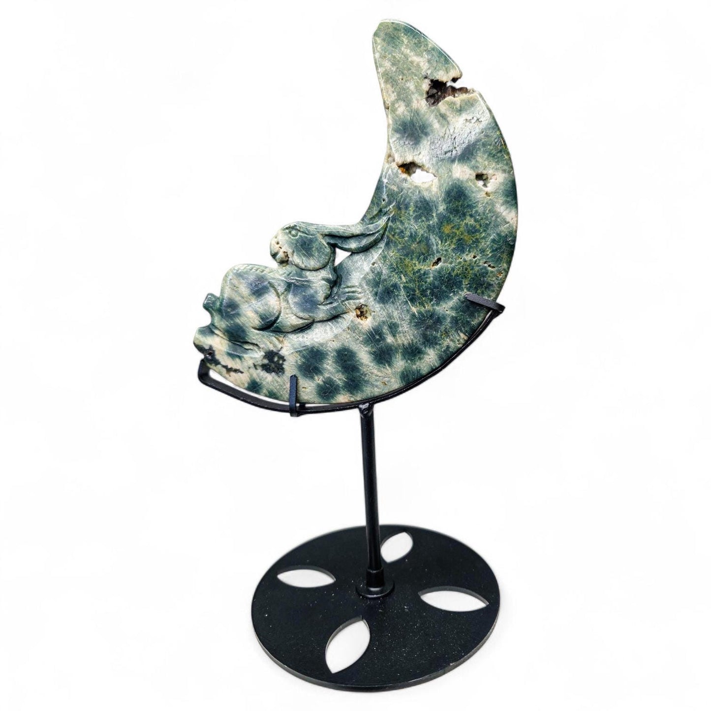 Large Ocean Jasper Rabbit on the Moon Carving | 5th Vein Green Jasper Crystal Moon | 9.5" Tall with Custom Metal Stand | Celestial Decor