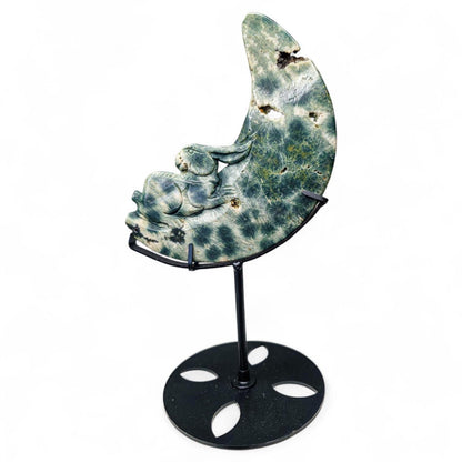 Large Ocean Jasper Rabbit on the Moon Carving | 5th Vein Green Jasper Crystal Moon | 9.5" Tall with Custom Metal Stand | Celestial Decor