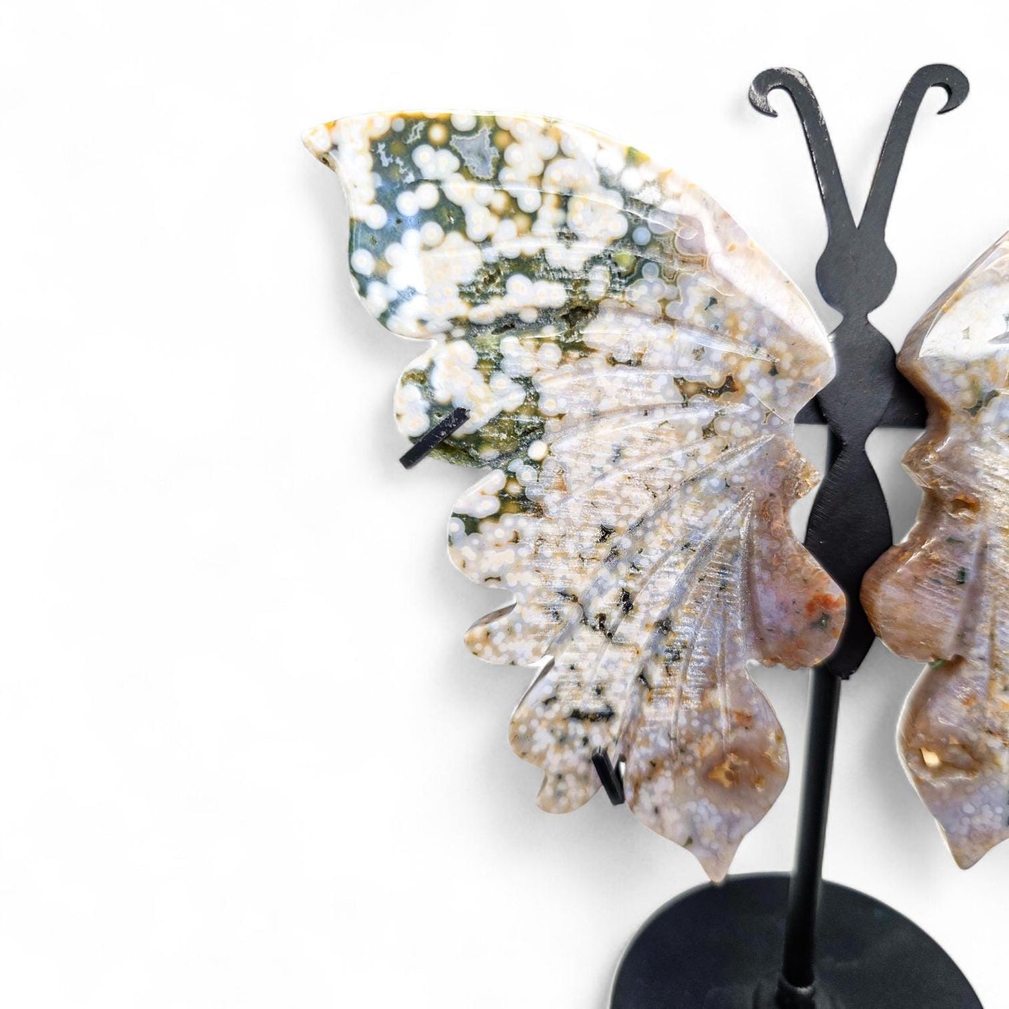 High-Quality Ocean Jasper Butterfly Wings with Orbicular Patterns - Custom Stand Included - 6.5 inches