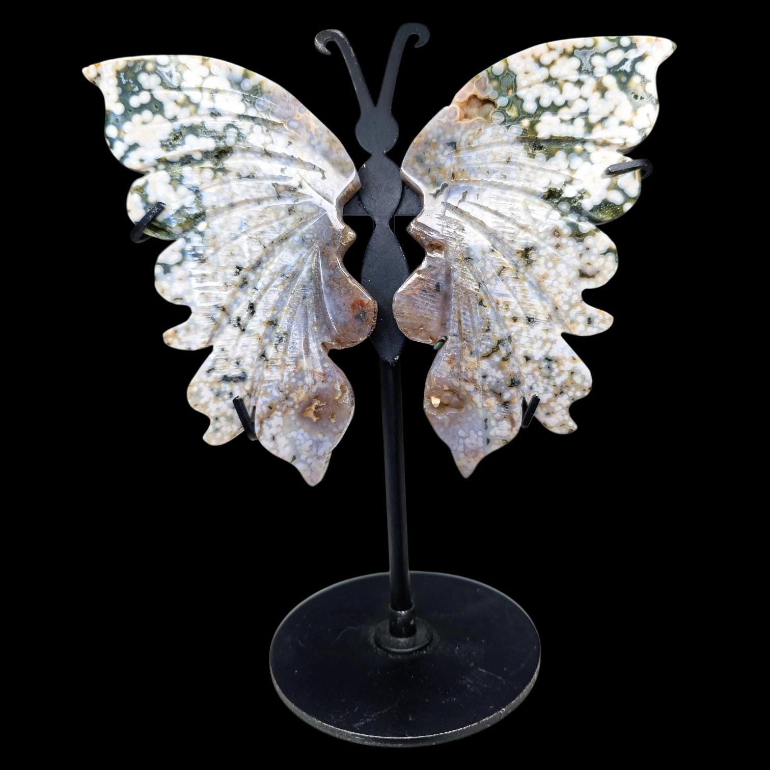 High-Quality Ocean Jasper Butterfly Wings with Orbicular Patterns - Custom Stand Included - 6.5 inches