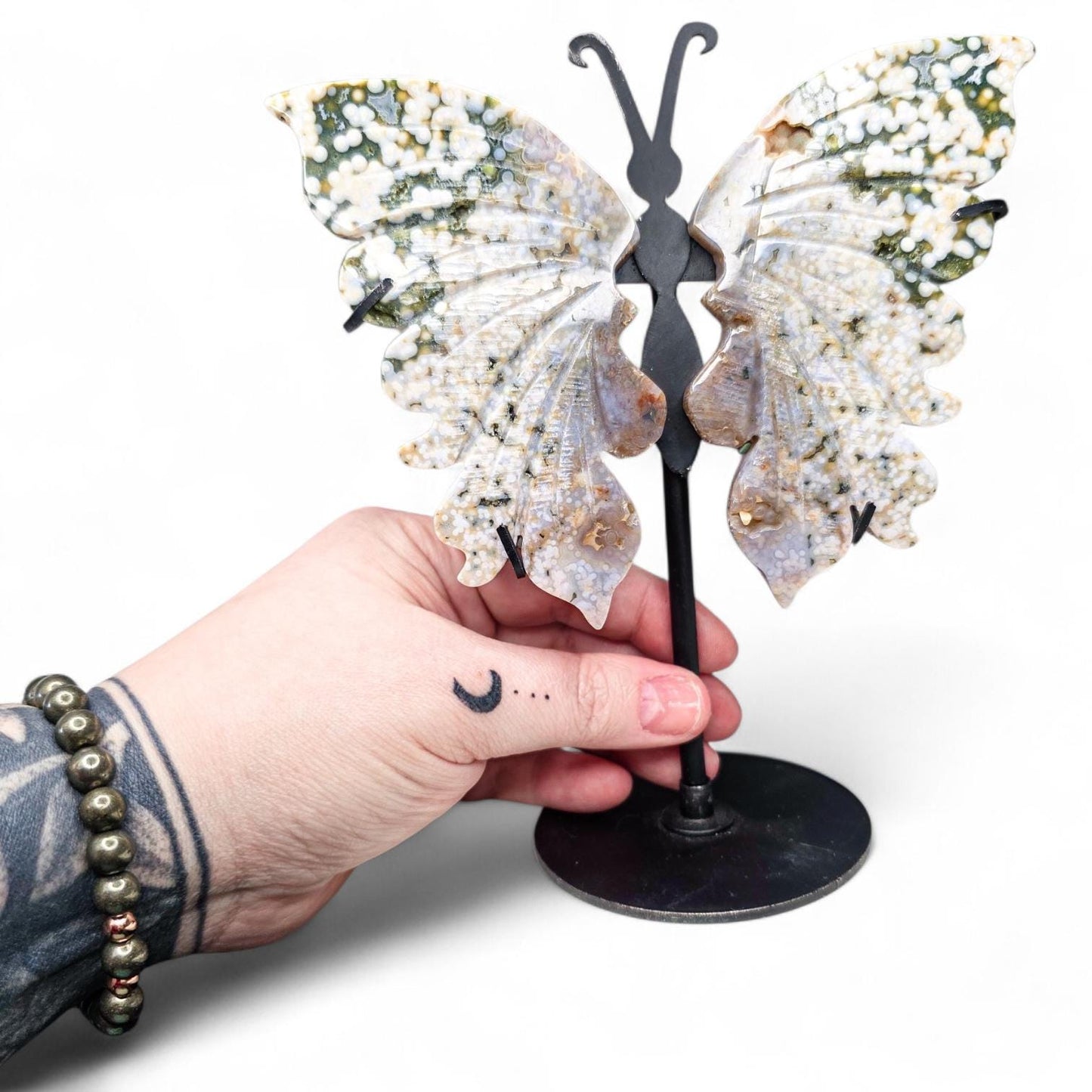 High-Quality Ocean Jasper Butterfly Wings with Orbicular Patterns - Custom Stand Included - 6.5 inches