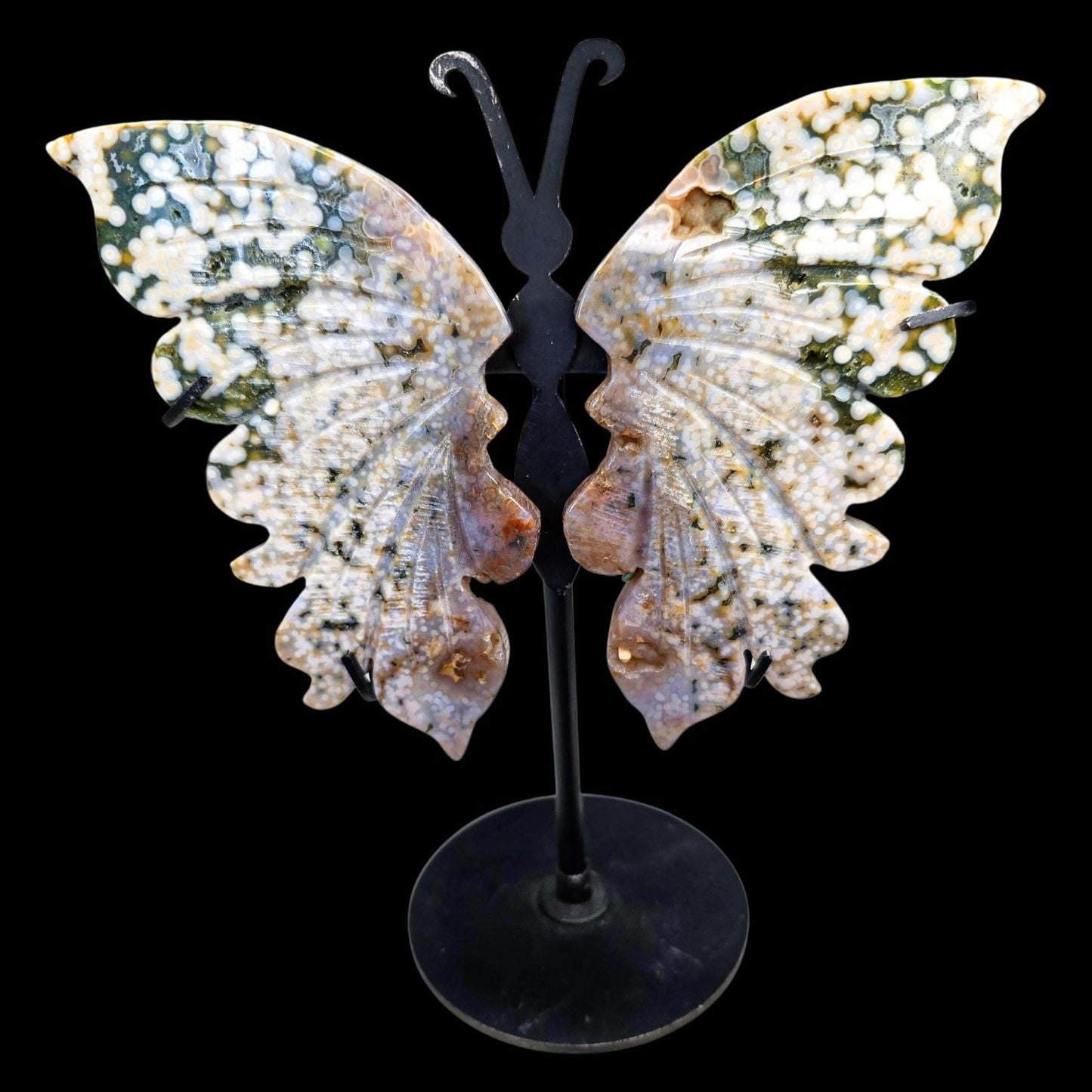 High-Quality Ocean Jasper Butterfly Wings with Orbicular Patterns - Custom Stand Included - 6.5 inches