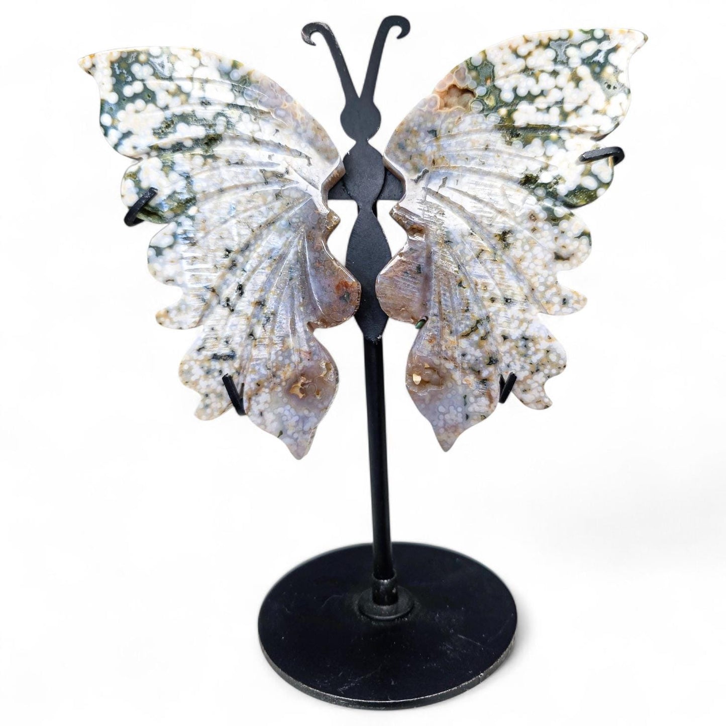 High-Quality Ocean Jasper Butterfly Wings with Orbicular Patterns - Custom Stand Included - 6.5 inches