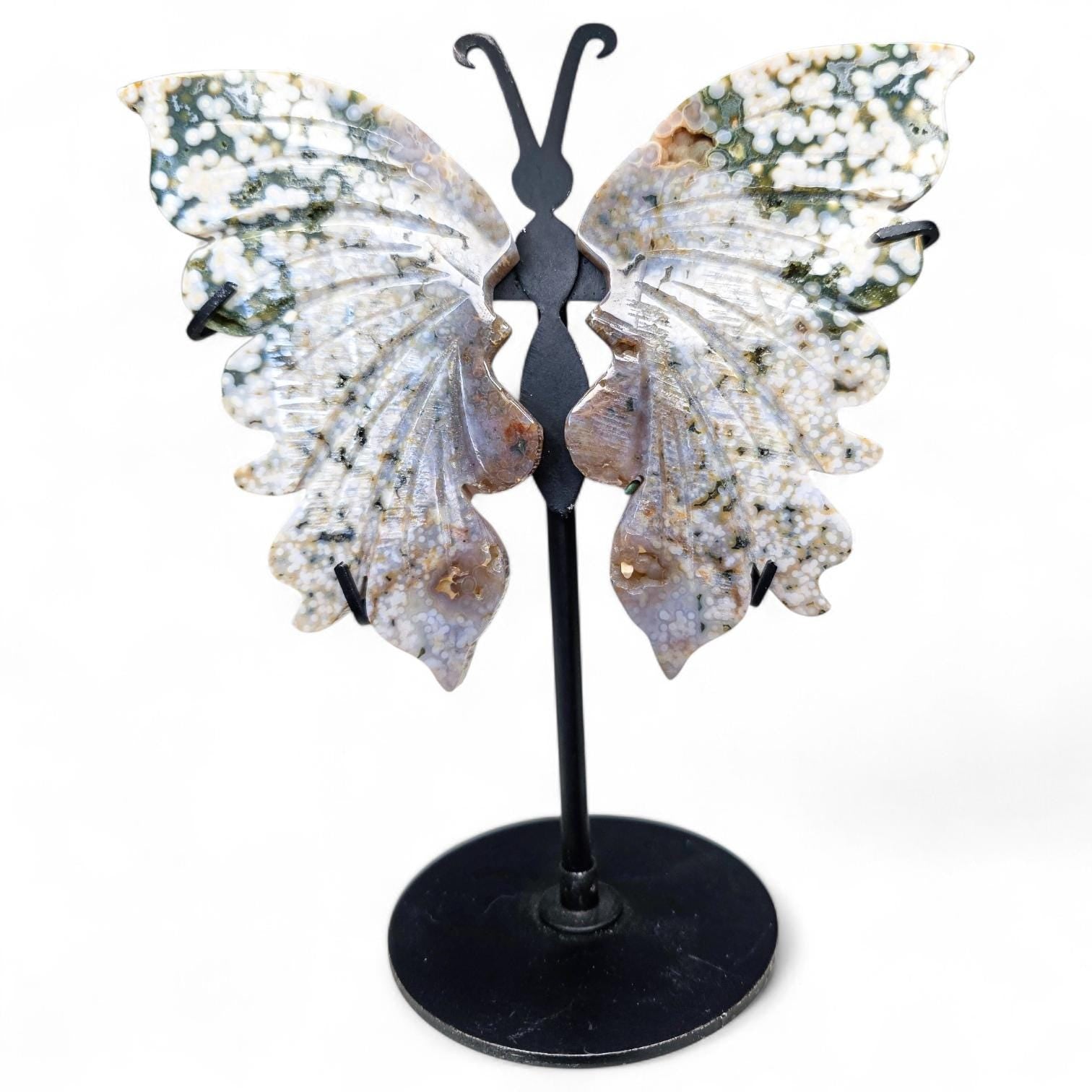 High-Quality Ocean Jasper Butterfly Wings with Orbicular Patterns - Custom Stand Included - 6.5 inches