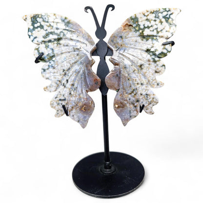 High-Quality Ocean Jasper Butterfly Wings with Orbicular Patterns - Custom Stand Included - 6.5 inches