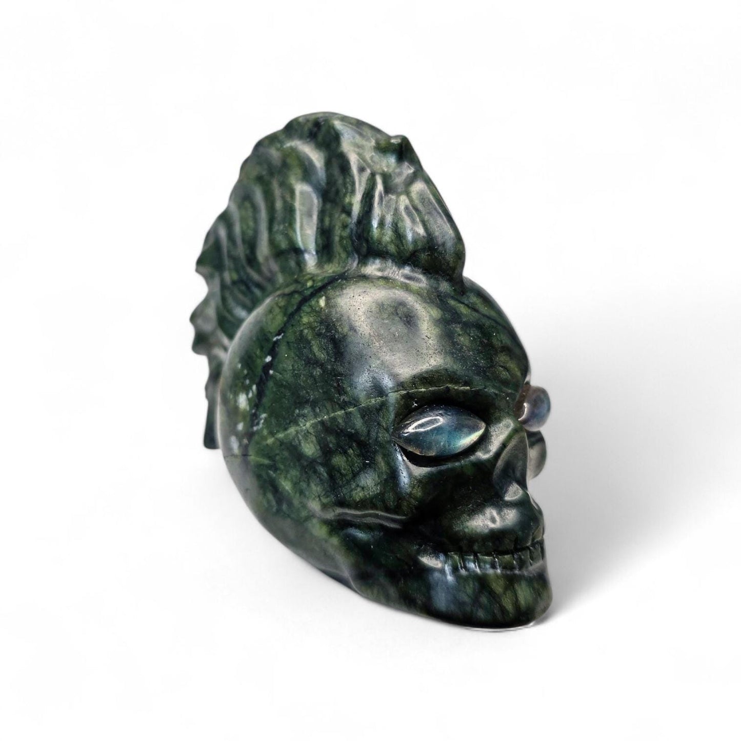 Large Serpentine Mohawk Skull with Labradorite Eyes | 3.5" Green Jade Crystal Carving | Punk Rock Gothic Decor | 14.5oz Unique Oddity