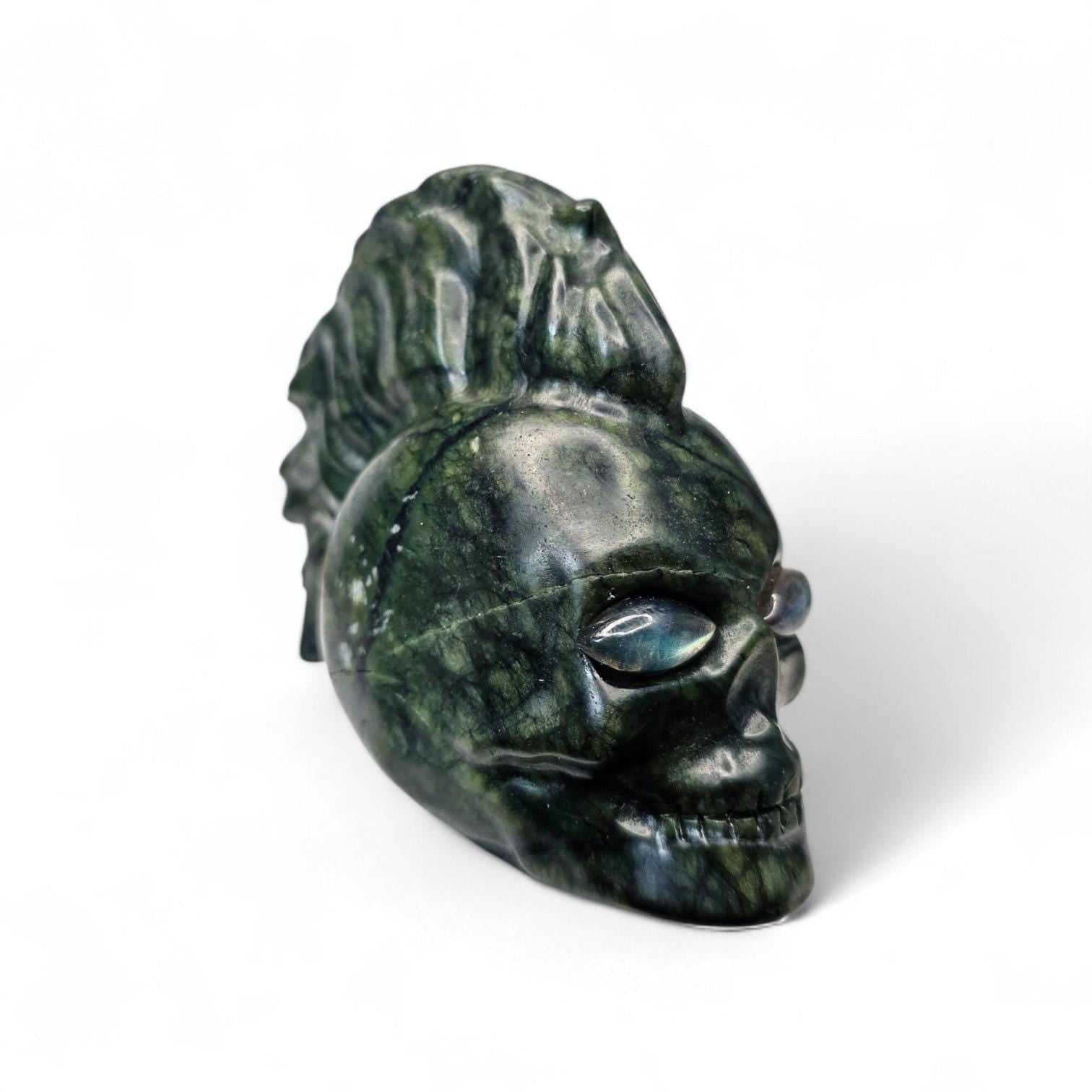 Large Serpentine Mohawk Skull with Labradorite Eyes | 3.5" Green Jade Crystal Carving | Punk Rock Gothic Decor | 14.5oz Unique Oddity