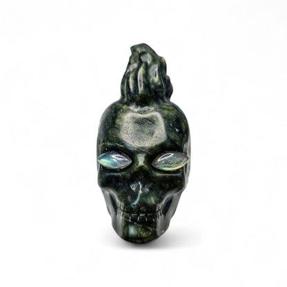 Large Serpentine Mohawk Skull with Labradorite Eyes | 3.5" Green Jade Crystal Carving | Punk Rock Gothic Decor | 14.5oz Unique Oddity